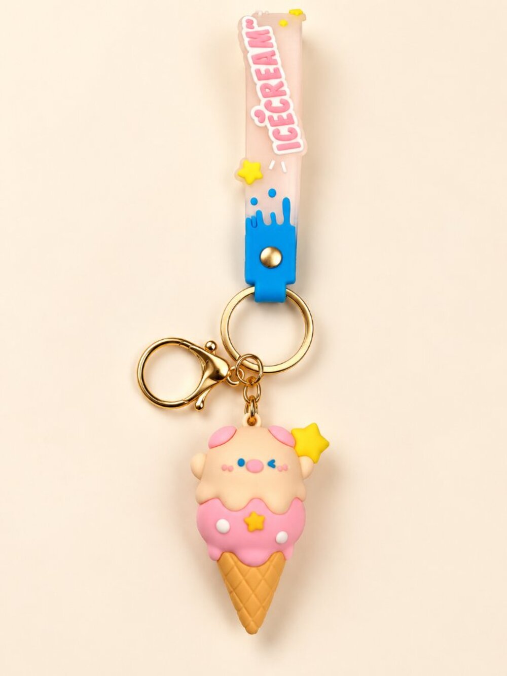 Kawaii Ice Cream Cone Character Keychain Pink Animal Wrist Strap
